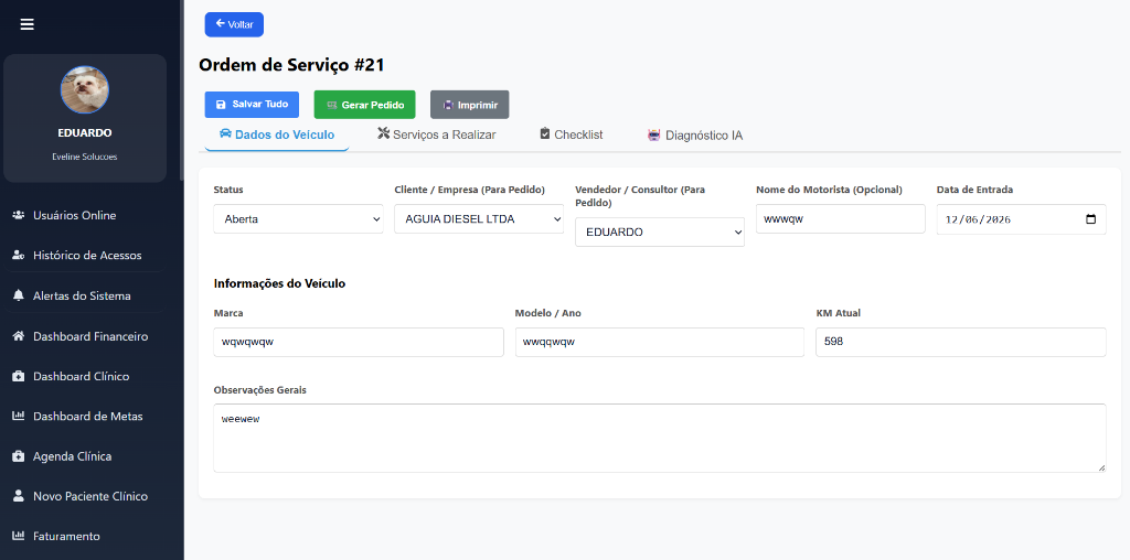 Tela real do Sistema ERP QZennix para Oficinas